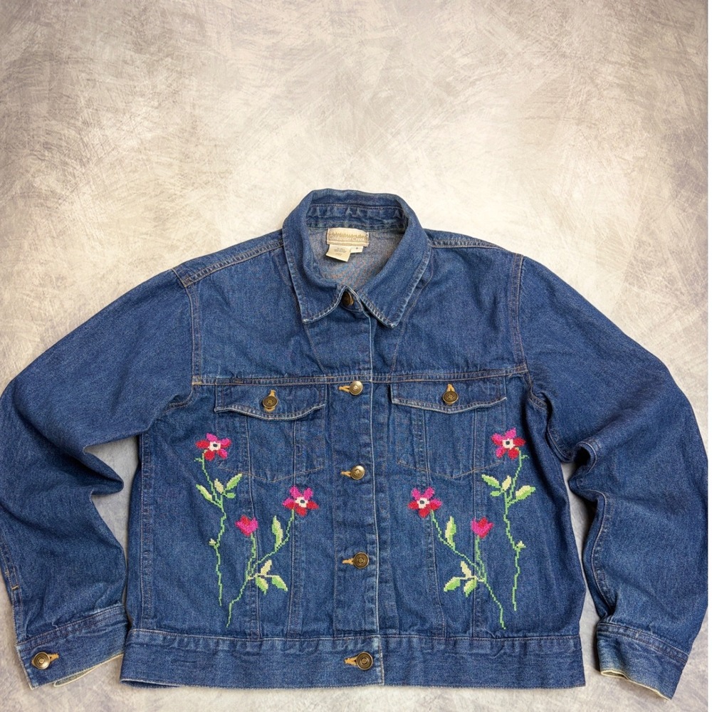 Coldwater Creek Womens Small Denim Jacket Floral Cross Stitch Embroidery Blue - Picture 1 of 8